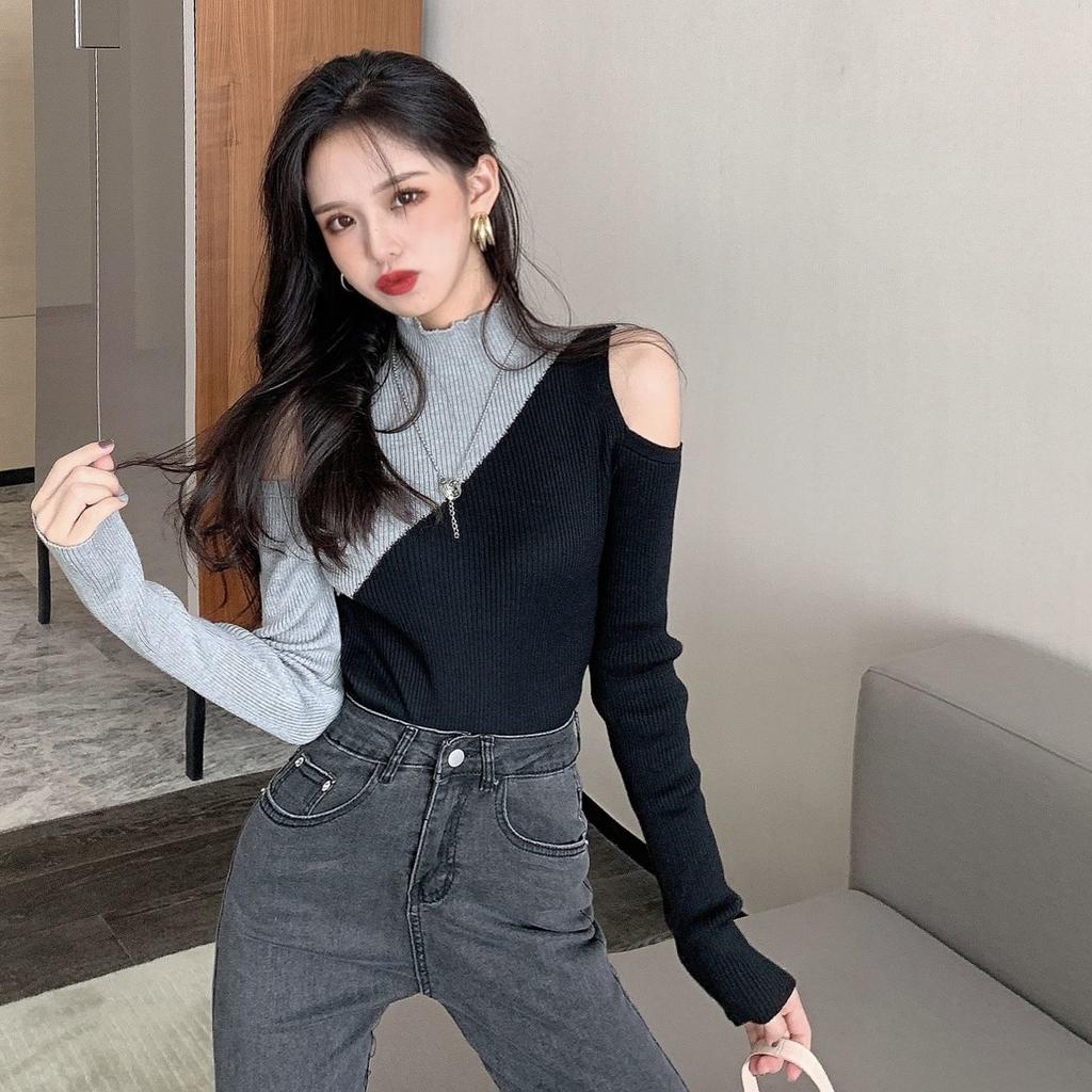 Woman Sweaters Women's Knitwear Autumn Sweater Slim-Fit Contrast Colors off-the-Shoulder Top Femme Chandails Pull Hiver