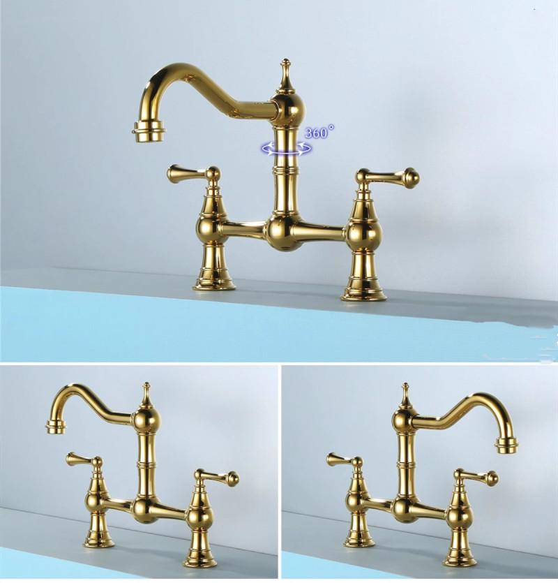 Grifo para Fregadero de Cocina Rotación Total Latón Sin Plomo Clásico Doble Palanca Mezclador para Fregadero de Cocina Dorado Cromado Estilo Americano