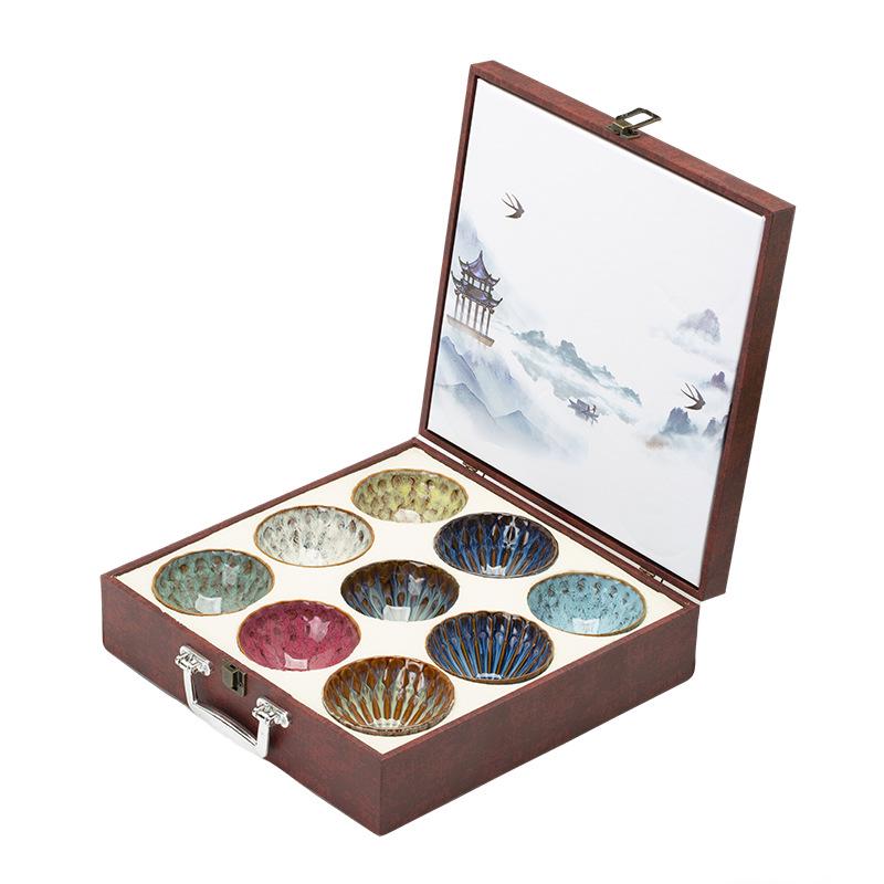 Kiln-Change Ceramic Tea Cup Set: Luxury Light Gift Box with Large Gongfu Tea Tasting Cups in Nine Colors