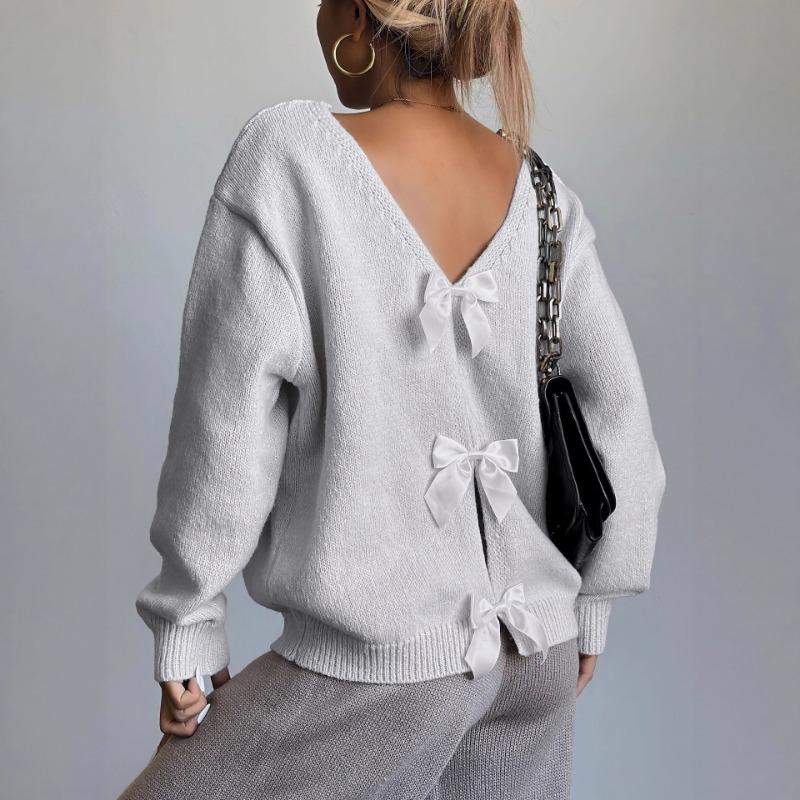 French Sweet Bow Decor Loose Long Sleeve Sweater Women S Fashion Knitwear