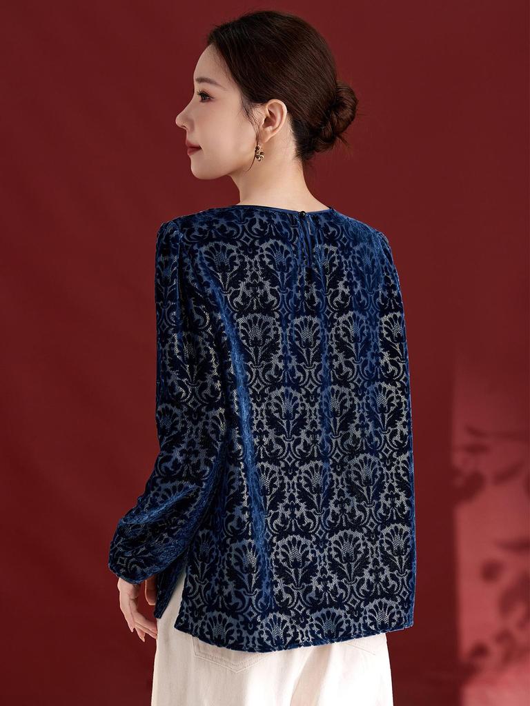 2025 Camicetta Casual Girocollo Manica Lunga in Velluto di Seta Mulberry Burnout 1853