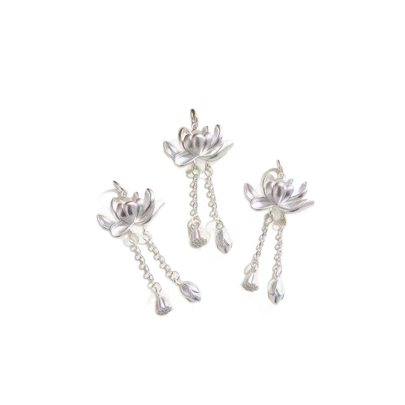 Sterling Silver Lotus Tassel Pendant - Chinese Style DIY Braided Rope Necklace Ornament