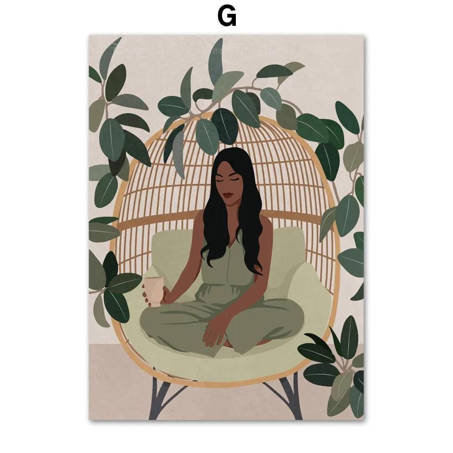 Abstract African Black Girl Swing Hand Flower Minimalist Wall Art Canvas Painting Posters for Living Room Modern Home Decor