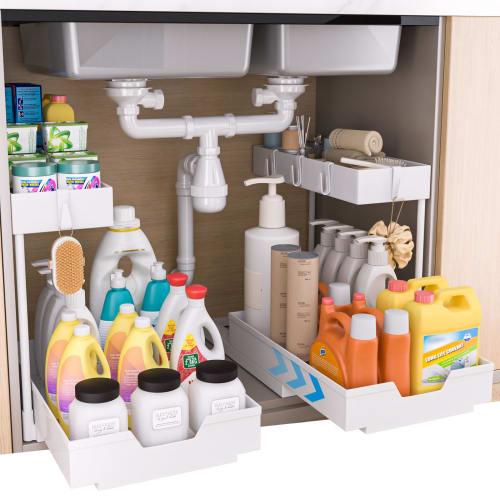 

NATURE S SOURCE [Set of 2] Under-Sink Storage Rack with 2-Tier Sliding Drawers, L-Shaped Kitchen Storage Rack, Under-Bathroom Storage, Small Organizer