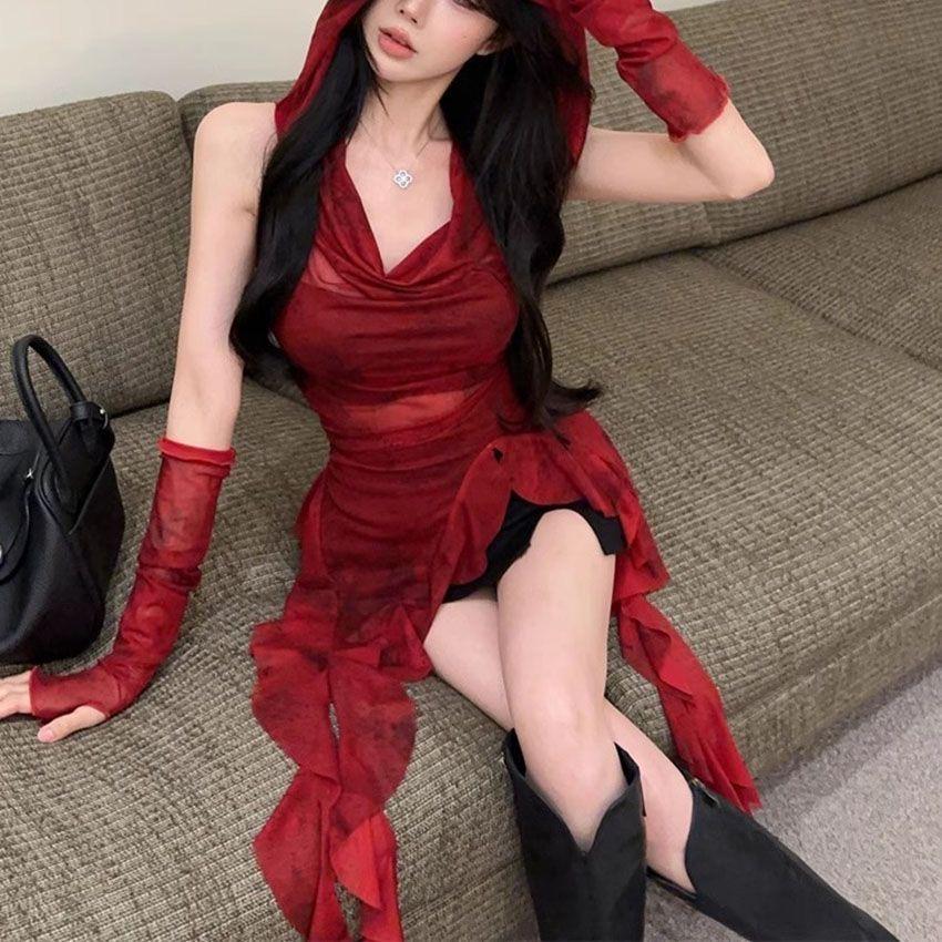 2KWEIRD Streetwear 90s Grunge Mesh See Through Hooded Tops Cyber Y2K Irregular Hem Ruffles Hoodie Women Slim Blouse with Cuffs
