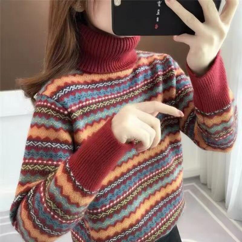Autumn and winter retro jacquard striped turtleneck sweater women's fashion foreign style contrasting colors loose bottoming knitted sweater