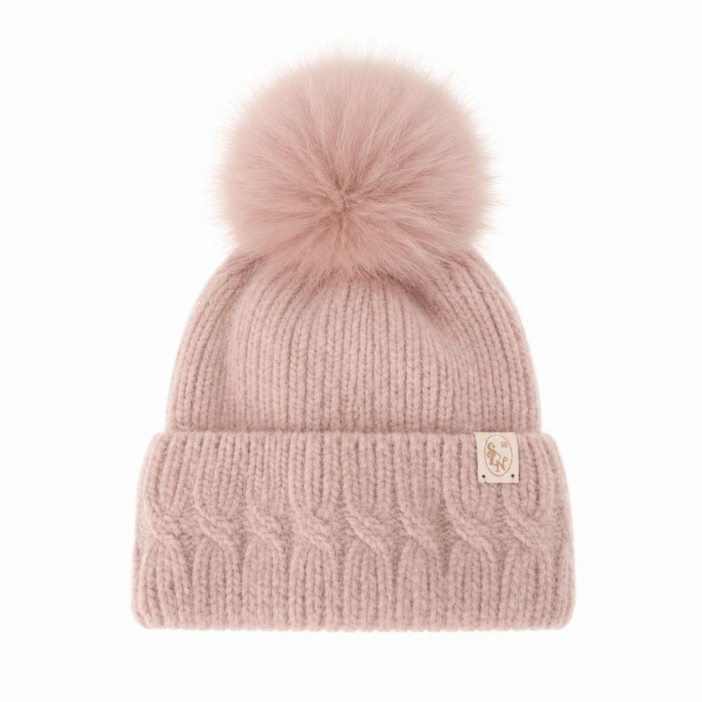 Windproof Knitted Pompom Beanie Twist Knit Thermal Winter Hat Rabbit Fur Beanies Hat For Women