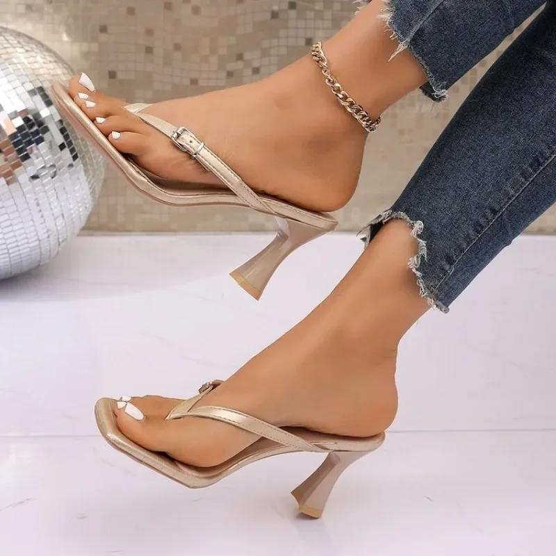 Women's Buckle Strap Thong Heeled Sandals, Square Toe Kitten Heel Mules, Elegant Summer Party Shoes
