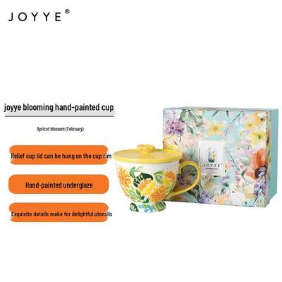 JOYYE Handbemalte Keramiktasse mit Blumenmuster, Deckel und Hülle