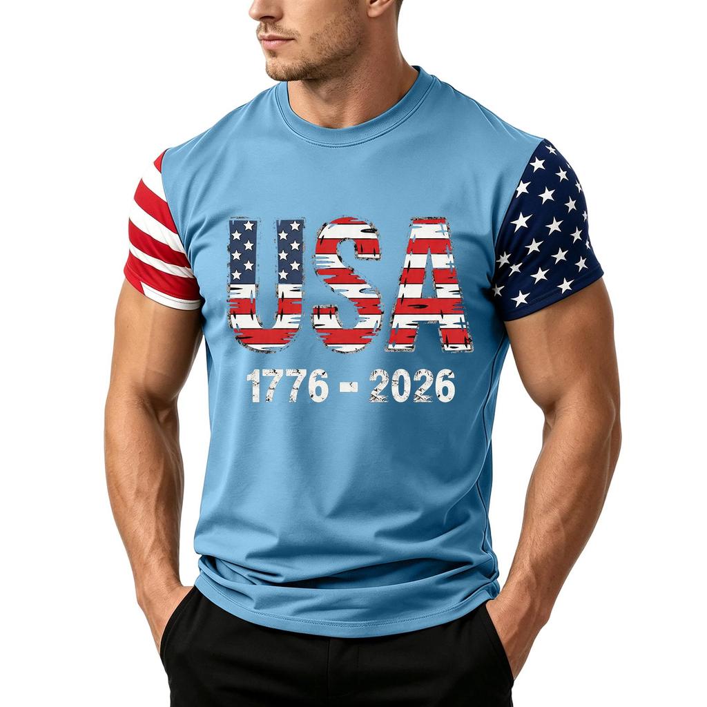 Men's Loose Fit Short Sleeve T Shirt USA Flag Print Casual Summer Daily Wear Crew Neck Top for Outdoor Activities