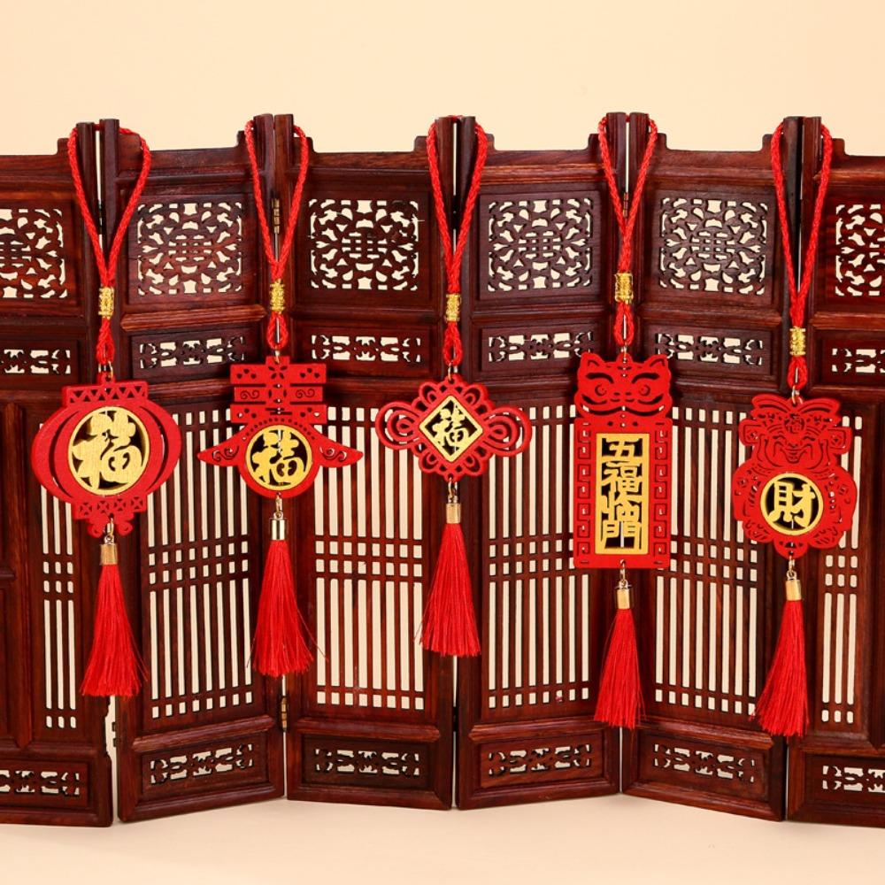 Wood Spring Festival Bonsai Pendant Laser Engraved Blessing Word Lunar New Year Hanging Ornament Red Hollow Car Pendant Bag