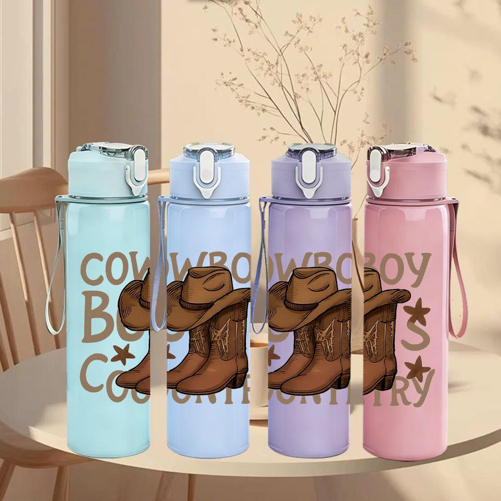 1PC Cowboy Boots Country Letter Print 750ml Color Plastic Sports Water Bottle Leakproof Flip Straw Lid Suitable for Sports Office Home Use