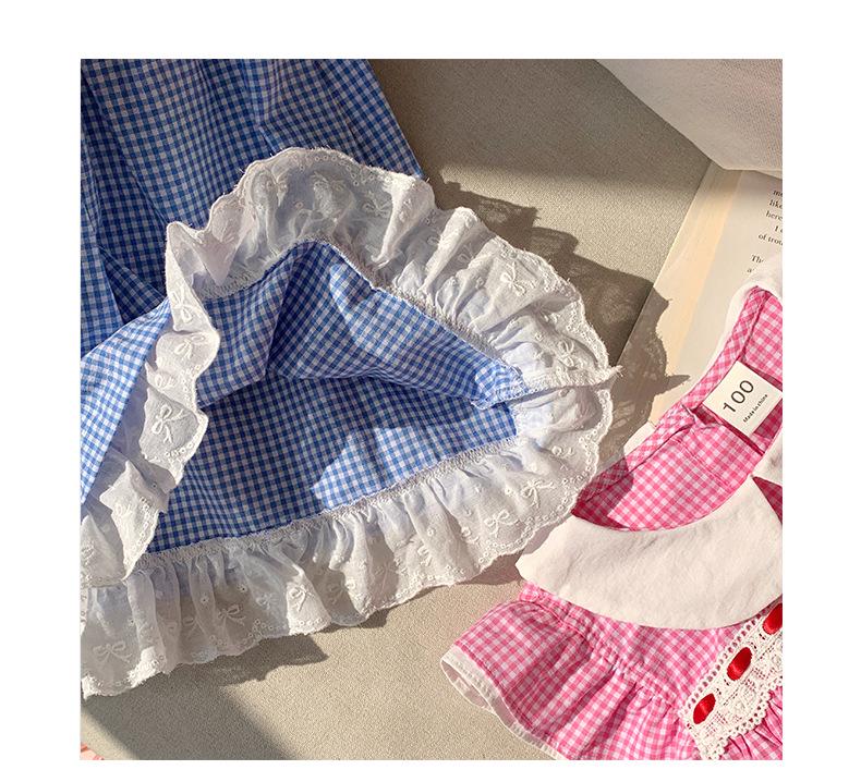 Plaid Princess Dress with French Doll Collar, Lace Trim, Flutter Sleeves, Bow, Summer 2026 Style for Girls.