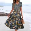 Women's Summer Casual Fashion Print Pocket Short Sleeve V-Neck Swing Dress