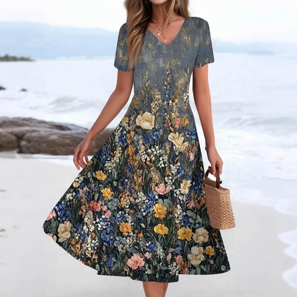 Women's Summer Casual Fashion Print Pocket Short Sleeve V-Neck Swing Dress