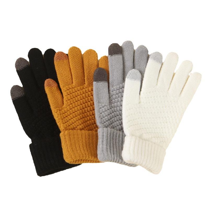 Winter Plus Velvet Simple Warm Gloves Touch Screen Cold Proof Outdoor Riding Solid Color Gloves Five Finger Wool Windproof Gloves