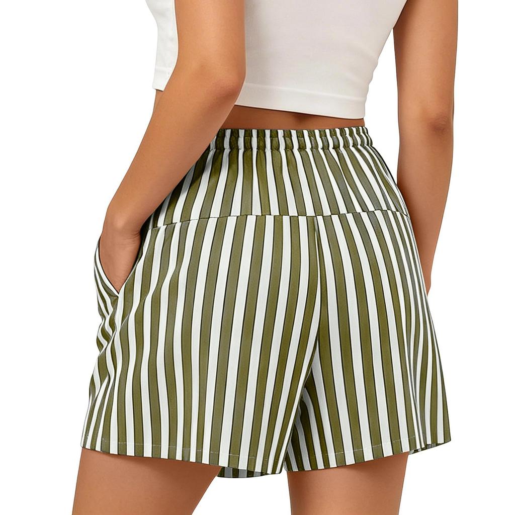 Women's Casual Striped Shorts with Elastic Waist and Drawstring Pockets Lightweight Comfortable Summer Bottoms