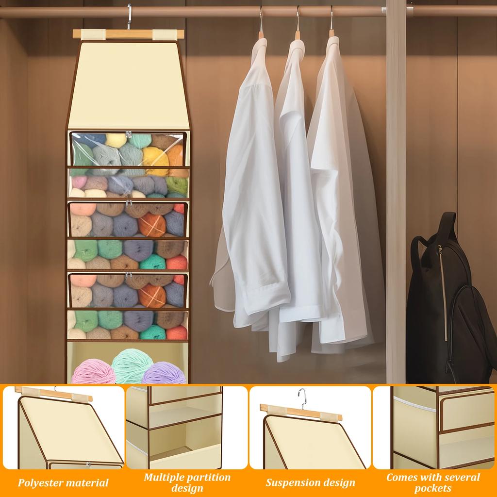 Over Door Yarn Storage Organizer Multi-layer Storage Hanging Bag with 4 Clear Zipper Compartment & 3 Side Knitting Needle Pocket