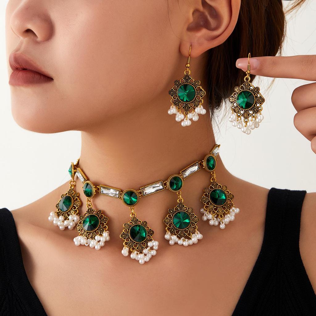 European & American Ethnic Geometric Gemstone Jewelry Set: Necklace & Earrings