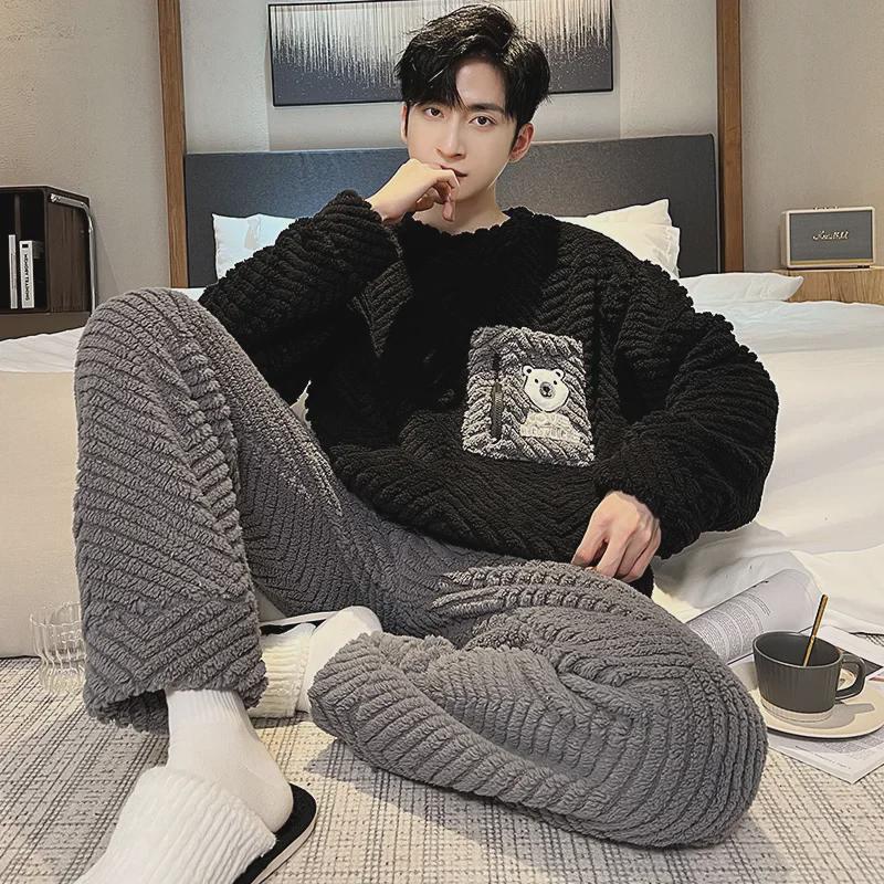 Men's Winter Coral Fleece Pajamas: Outdoor Wearable, Thickened Flannel, One-Piece Home Clothing