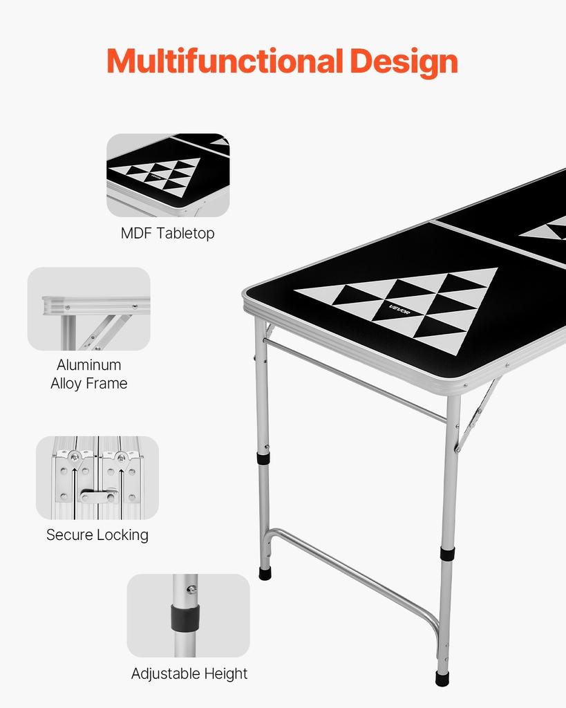 2.4 m Portable Beer Pong Table, Foldable Tailgate Table,Carrying Handles and 6 Pong Balls, Adjustable Height, Lightweight Table for Office, Tailgate