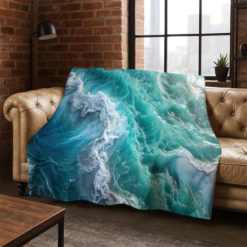 Blue Sea Waves Scenery Flannel Blanket Soft Warm Throw Blanket for Bedroom Living Room Bed Travel Camping Picnic Gift Kids