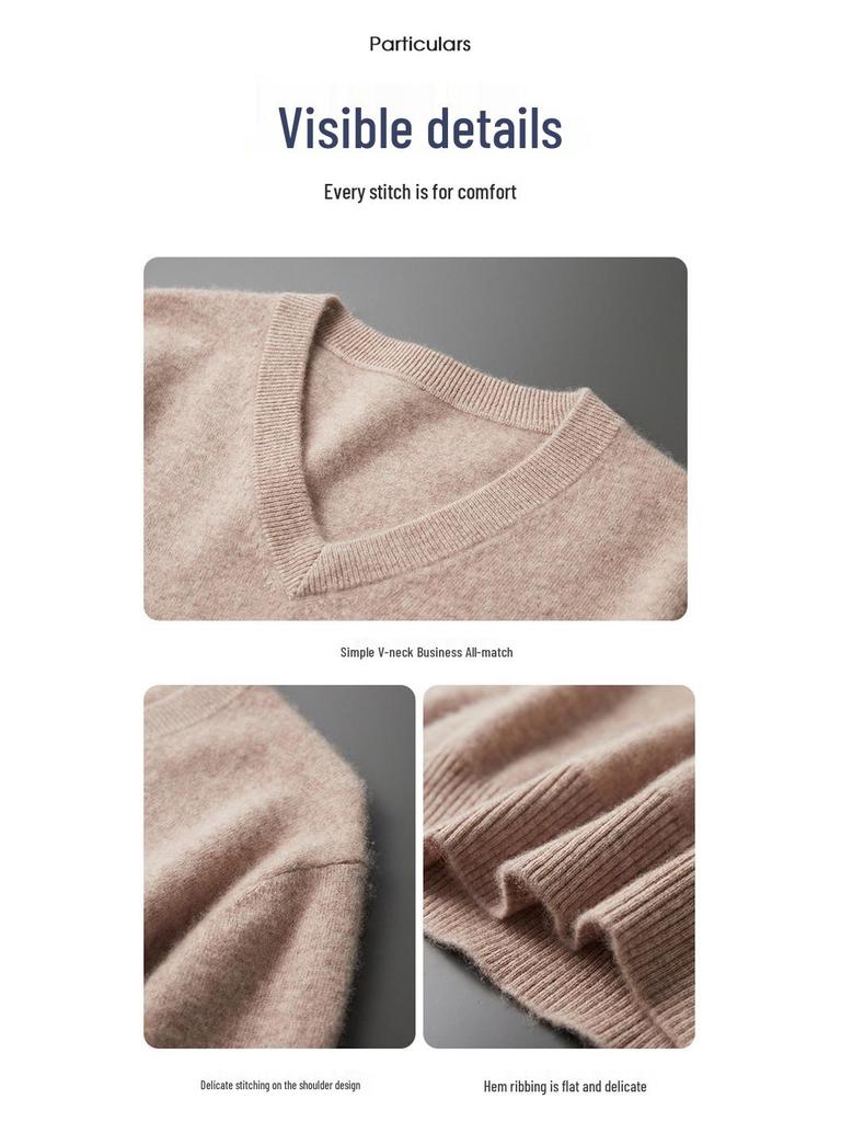 Men's V-Neck Cashmere Sweater, Plus Size, Long Sleeve, Solid Color, Wool Knit, 2023 Autumn/Winter Collection.