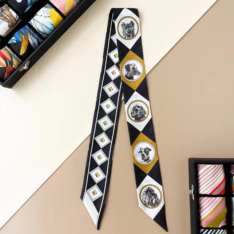 2022Summer Fashion New Animal Dog Pattern Ladies Decoration Twill Long Strip Silk Scarf Narrow Belt Streamer Tie Bag Small Scarf