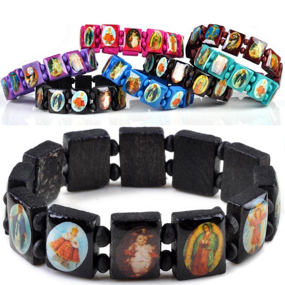 Heilige Jesus Religiöse Holz Katholische Ikone Armbänder Unisex Mode Holzarmband Gebetsanhänger Schmuck 7 Farben