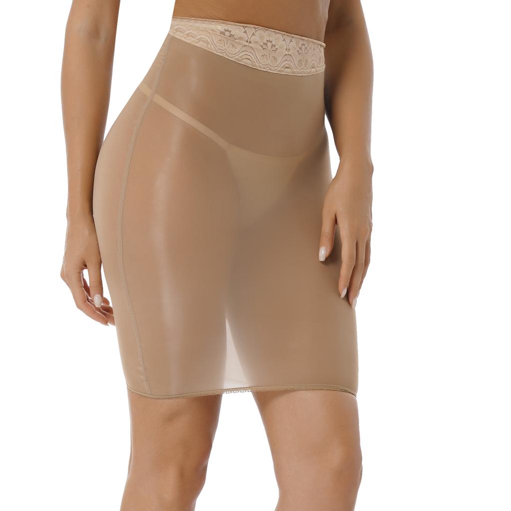 Womens High Waist Lace Patchwork Pencil Skirt Glossy Stretchy Fabric Semi Sheer Bodycon Skirt
