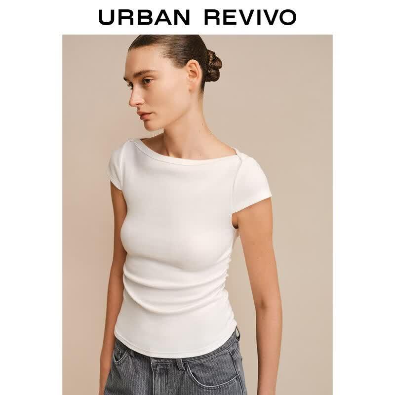 UR Women's Off-Shoulder Pleated Short Sleeve T-Shirt