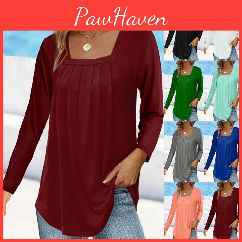 Dame Lang Firkantet Plisseret Hals Ærme Løs Afslappet T-shirts Forår Efterår Kvinde Ensfarvet Oversized Tee Toppe S5xl
