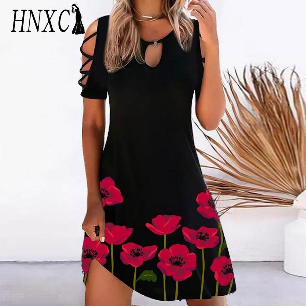 HNXC 13 Color Women Floral Print Dress Summer Sexy Short Sleeve O-Neck Mini Dresses Female Vintage Elegant Dress