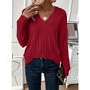 Women Plus Size V Neck Cable Knit Sweater Loose Long Sleeve Casual Pullover