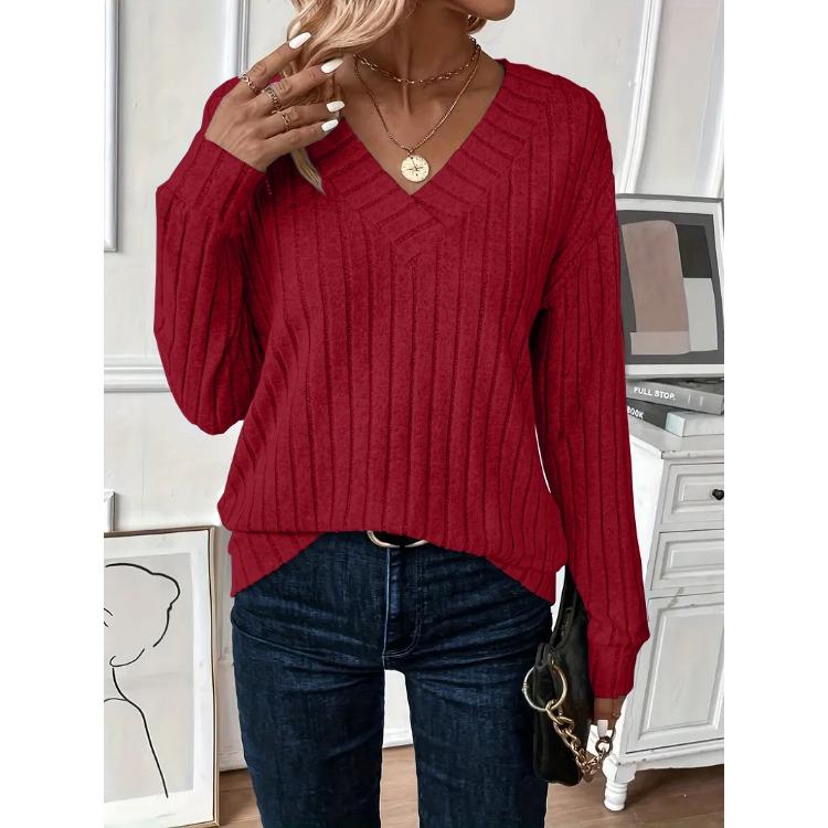 Women Plus Size V Neck Cable Knit Sweater Loose Long Sleeve Casual Pullover