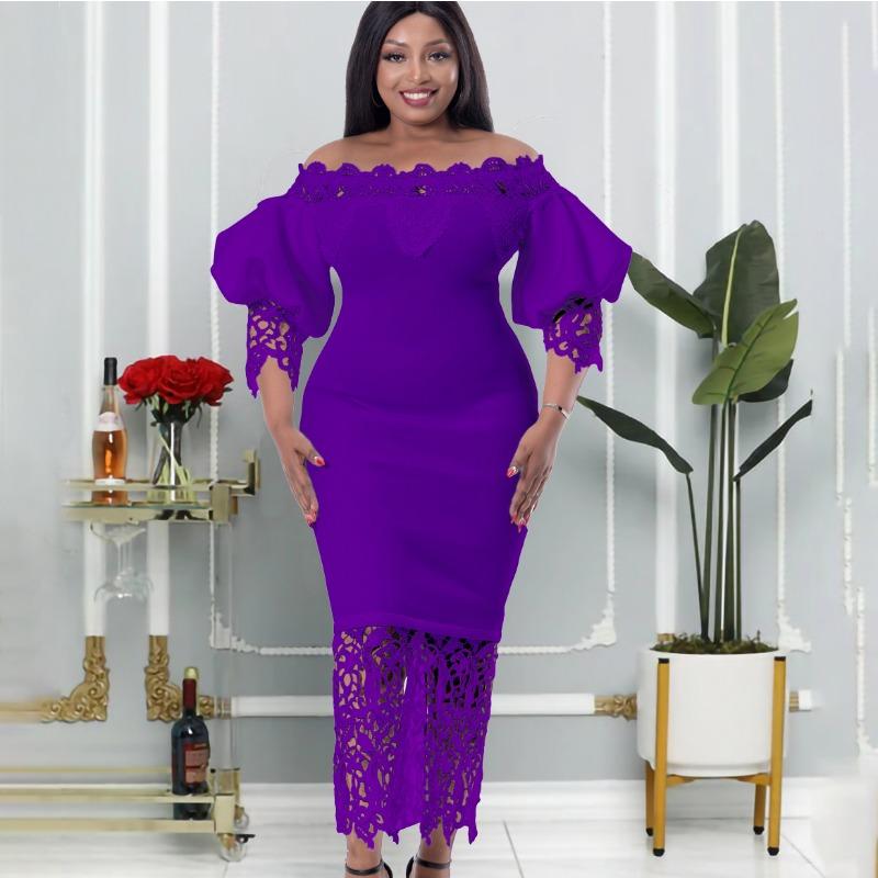 New One-word Shoulder Off-the-shoulder Hip-wrapped Lace Splicing Lantern Sleeve Dress Dress Dress