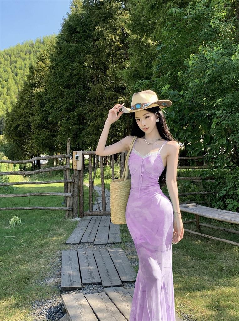 French waist pinch fishtail slim dress, super good-looking floral mesh dress, seaside holiday dress
