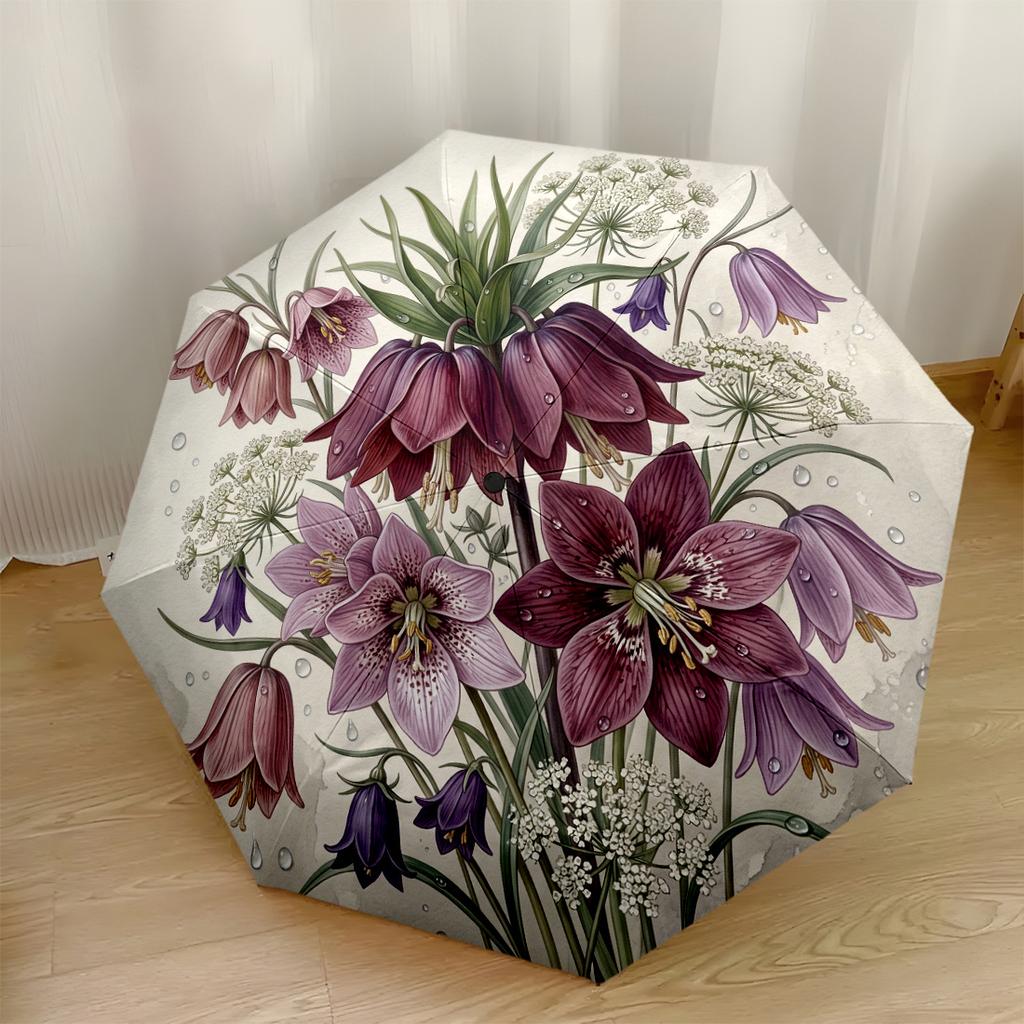 Purple Lilies And Wildflowers With Dewdrops Automatic Umbrella Sturdy 8Rib Shaft Foldable Design For Outdoor Daily Use Vibrant Pattern Umbrella