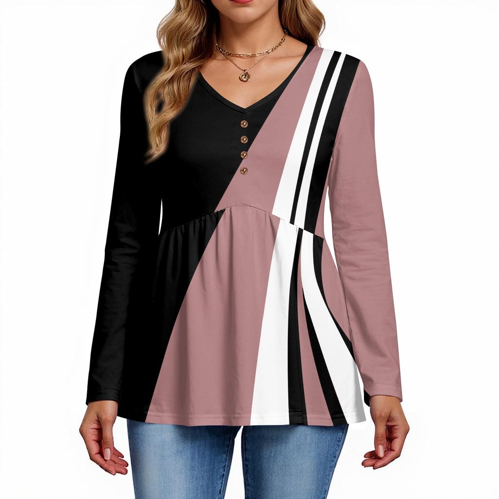 Top casual de damă la modă cu gât în V, nasturi, imprimeu floral retro, mâneci lungi