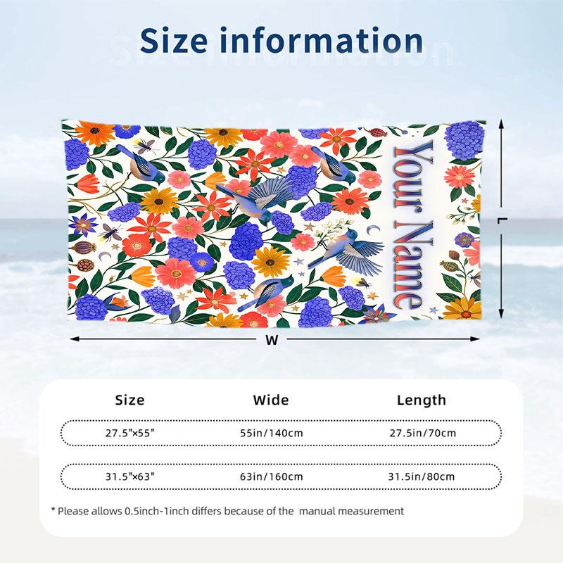 Floral Birds Artwork 1 Theme Quick Dry Beach Towel Custom Name Text Print Large Sand Resistant Towel Beach Vacation