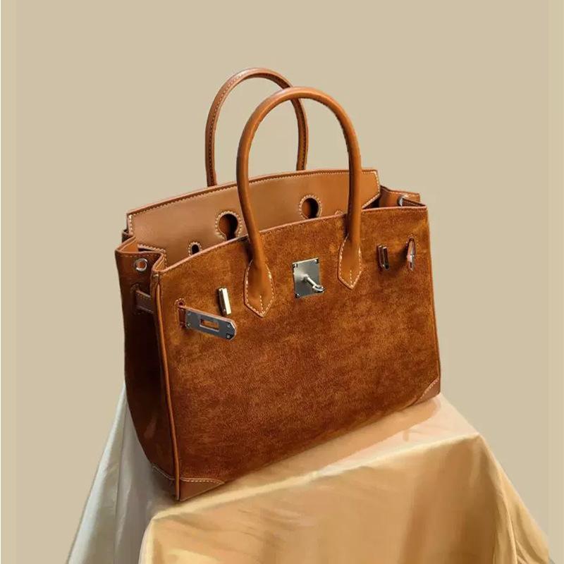 New Trendy Suede Leather Handbag Large‑Capacity Nubuck Top‑Grain Cowhide Women Bag Casual Single Shoulder Crossbody Purse -NO LOGO