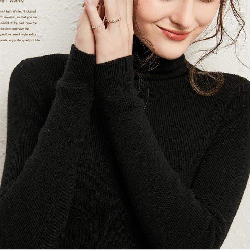 Soft waxy pile-neck knitted bottoming shirt for women, slim spring and autumn style temperament versatile solid color turtleneck bottoming