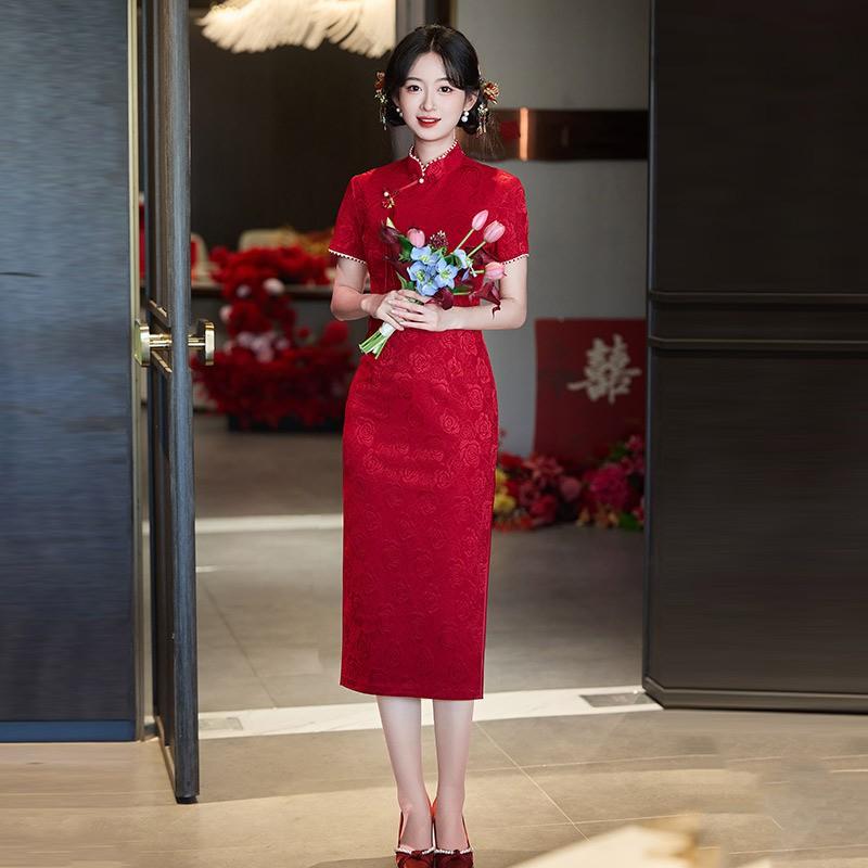 Elegant Red Cheongsam Dress Wedding Banquet Bridesmaid Engagement Return Home Ceremony