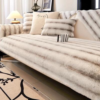 Stripe Thicken Immitation Rabbit Fur Plush Sofa Cover Non-Slip Couch Cushion Slipcover Towel for Living Room Sofa Blanket