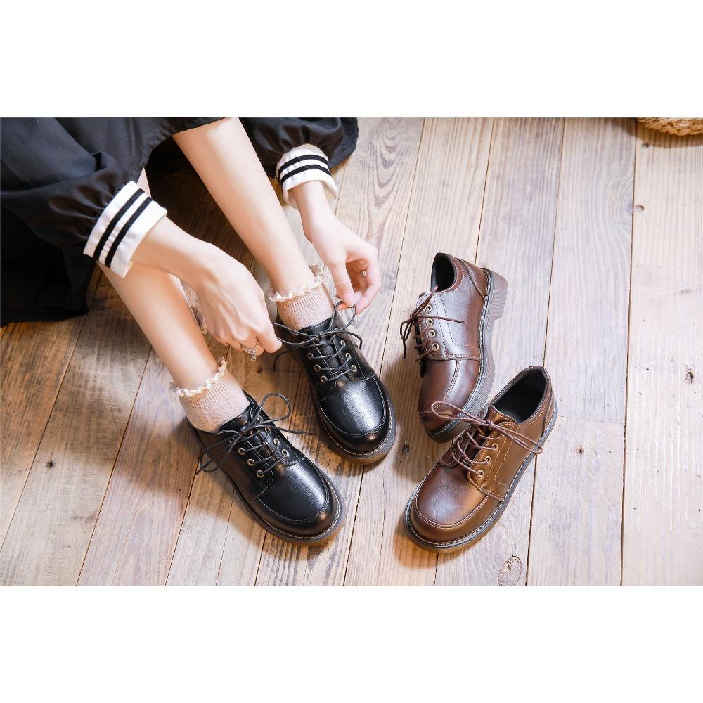 Oksfordki Damskie Buty Damskie Skórzane Damskie Okrągły Nosek Szyte Retro Wygodne Obuwie But Lolita Brązowy