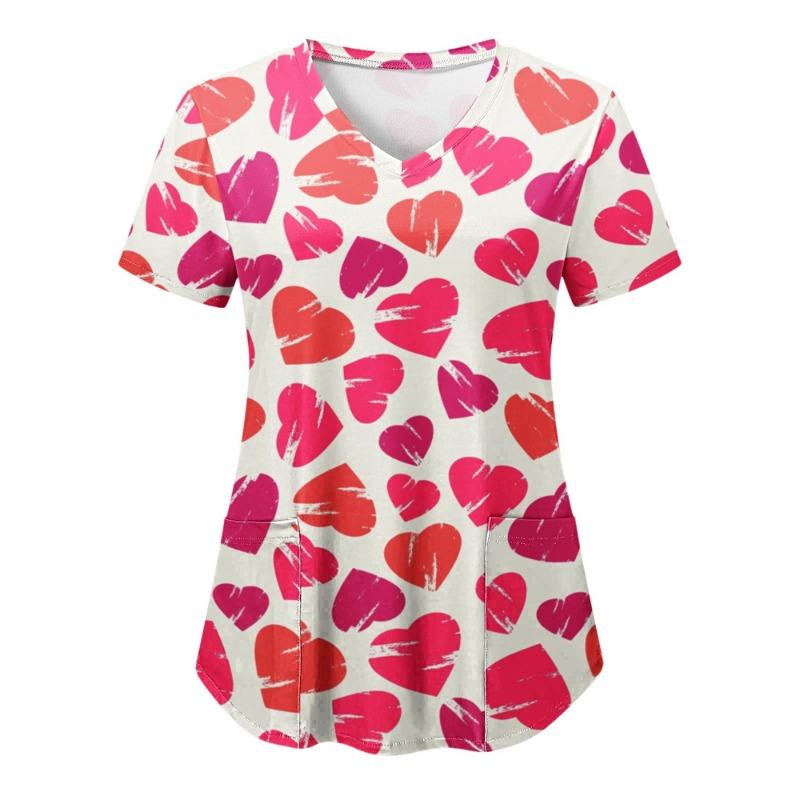 Toppar Dam Skrubb Sjuksköterska Tryck Kort Ärm Tecknad V-ringad Toppar Arbets T-shirts Hjärttryck Sjukvård Tunika Vårdare Arbetskläder Toppar