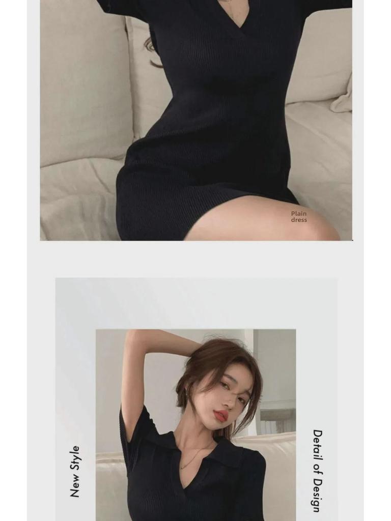 Sexy Black Slim Fit V-Neck Slit Dress - Summer Short Skirt