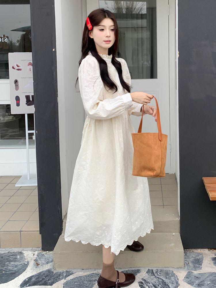 Women's Fleece-Lined Lace Trim High Neck Dress - Autumn/Winter Style, High Waist Slimming Base Layer, French Long Dress