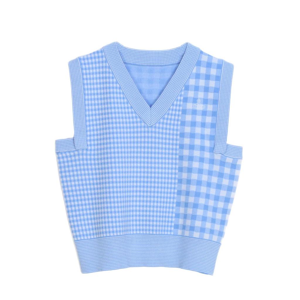 Koreanischer Retro Saturn V-Ausschnitt Karomuster Schlankmachender Strickpullover Weste Top für Damen