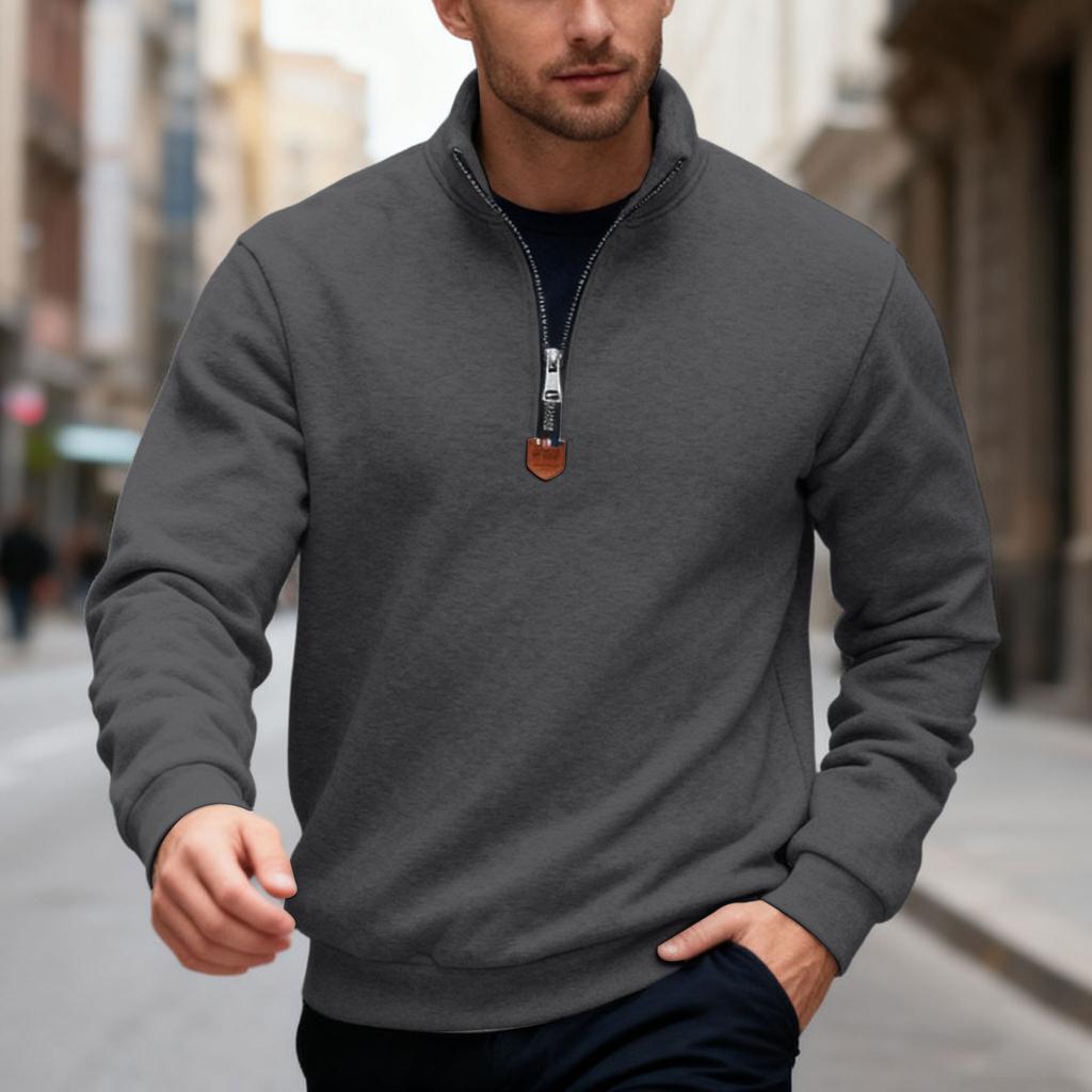 Men's Autumn/Winter Heavyweight Fleece Sweatshirt with Embroidered Logo Design, Half-Zip Stand Collar
